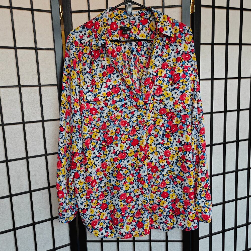 Ann Taylor V-Neck Floral Camp Shirt Long Sleeve Pullover Blouse - XL - Red Blue
